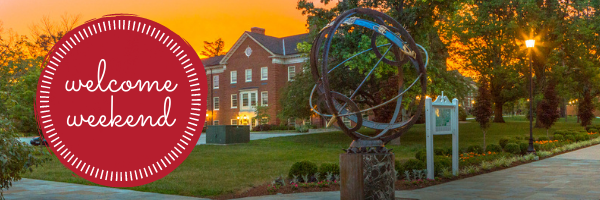 Welcome Weekend in a circle, over a picture of a sunset on campus