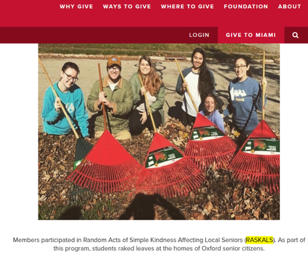 Example of a project page Advancement website. Students posing with rakes and pile of leaves, with text about how the group volunteers in the community. 