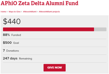 Screenshot of AphiO Zeta Delta Alumni Fund project. Raised $440 of their $500 goal.