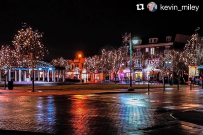 Night time view of uptown parks in Oxford with trees and business lit in Christmas lights