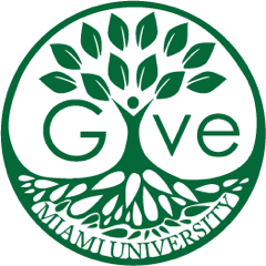 Logo. A green circle with the word give through the center. The I in Give is the trunk of a tree that extends above the word. Through the roots of the tree are the words Miami University. 