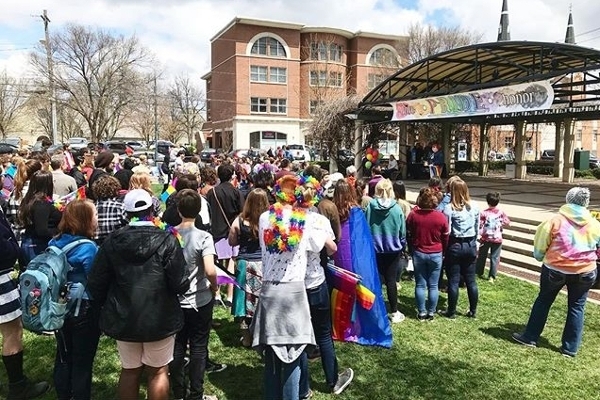 Students participating in the Pride Parade at Uptown Park in Oxford.