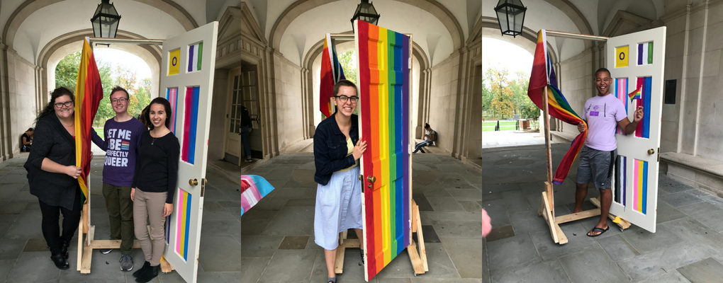 Three photos, each with a student or group walking through a rainbow door frame for National Coming Out Day