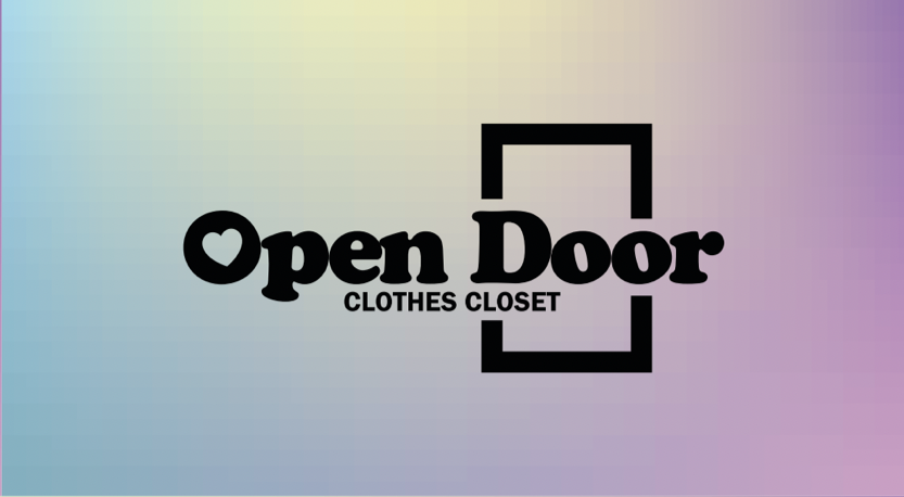 Rainbow sign that reads Welcome to the open door clothes closet.