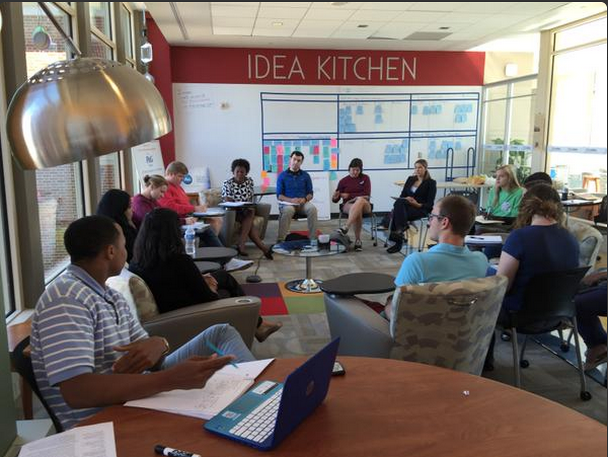 Students engaging with guests from the Miami Meets India program in the Idea Kitchen on campus.