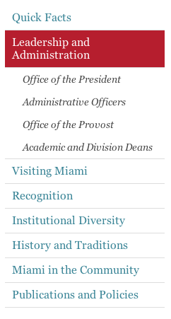 An example of the left navigation on the Miami website. The links are blue with gray lines between them.