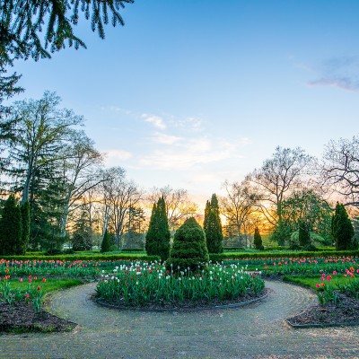 sunset view of conrad formal gardens